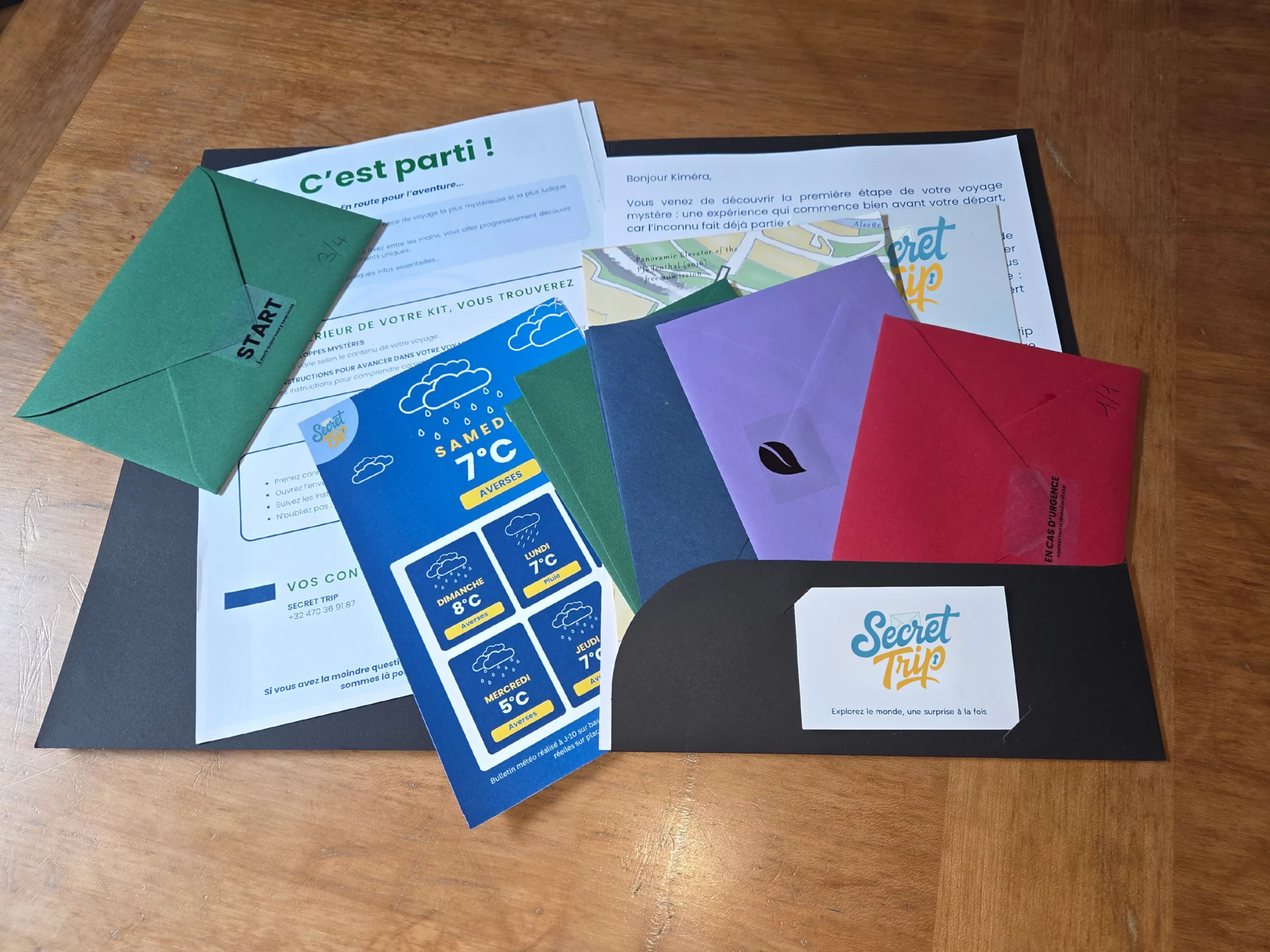 Kit Secret Trip — enveloppes mystère, bulletin météo et documents de voyage prêts à découvrir