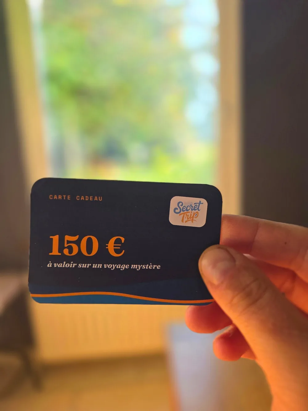 Une main tient une carte cadeau Secret Trip devant une fenêtre